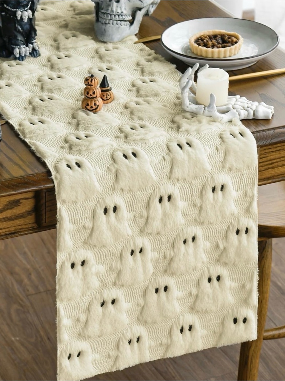 NWT Soft Faux Fur Ghost Halloween Table Runner 13x72 Inch BEIGE/ OR WHITE